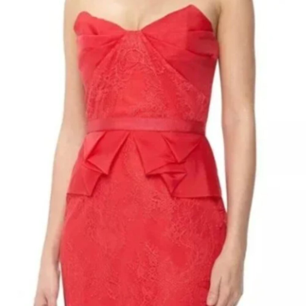 Marchesa Notte Red/Coral Lace Strapless Dress 6